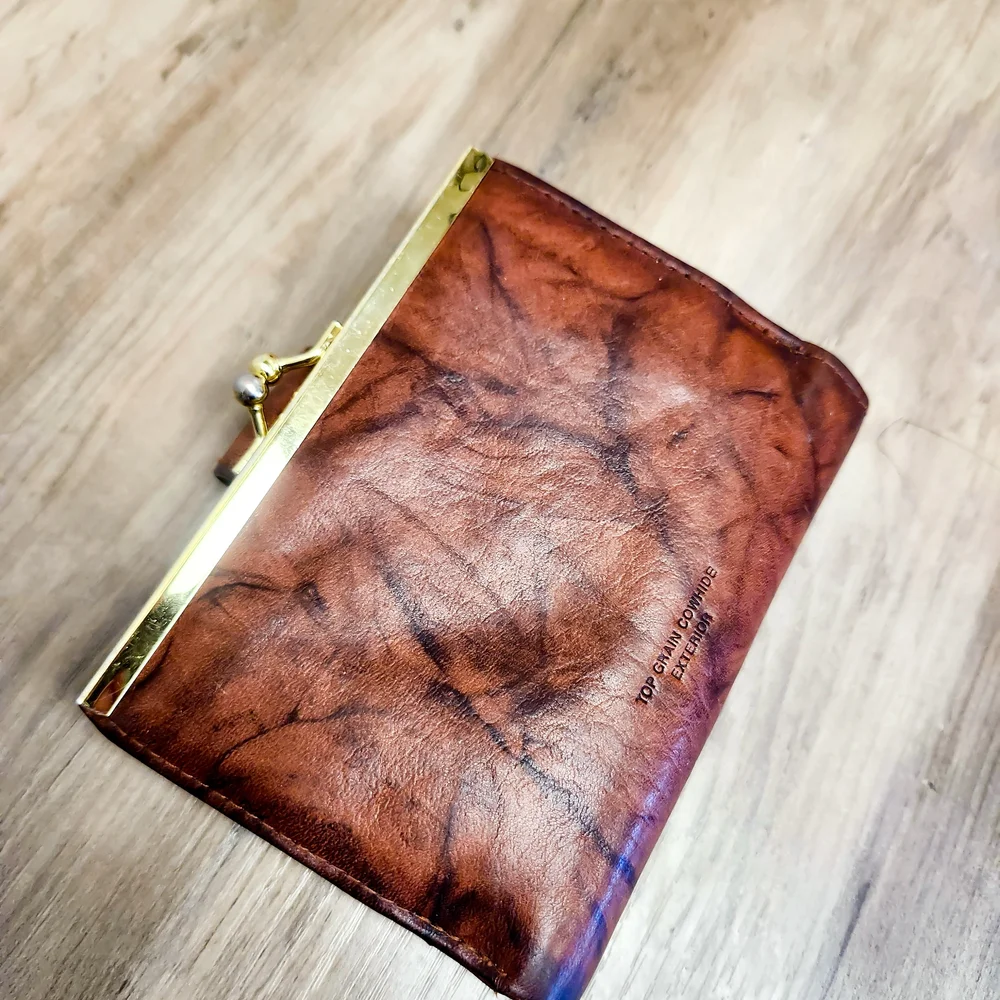 “Genuine Leather Wallet Top Grain Cowhide Brown Marble Kiss Lock Vintage Style”